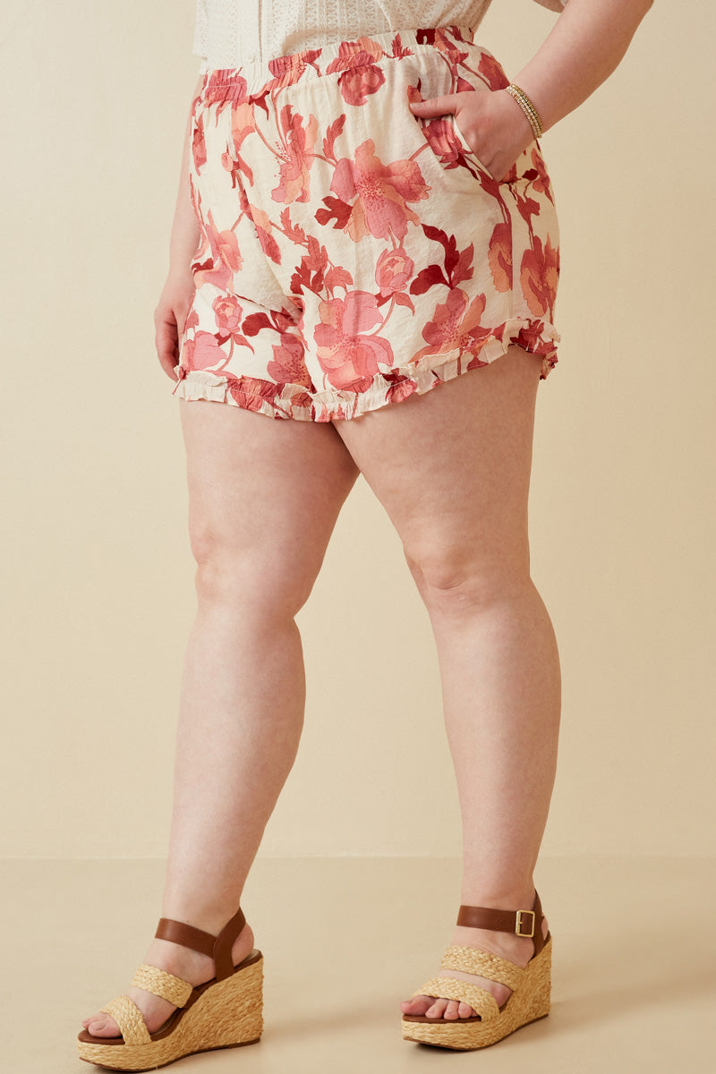 HY6769W Red Plus Textured Floral Print Ruffle Detailed Shorts Gif