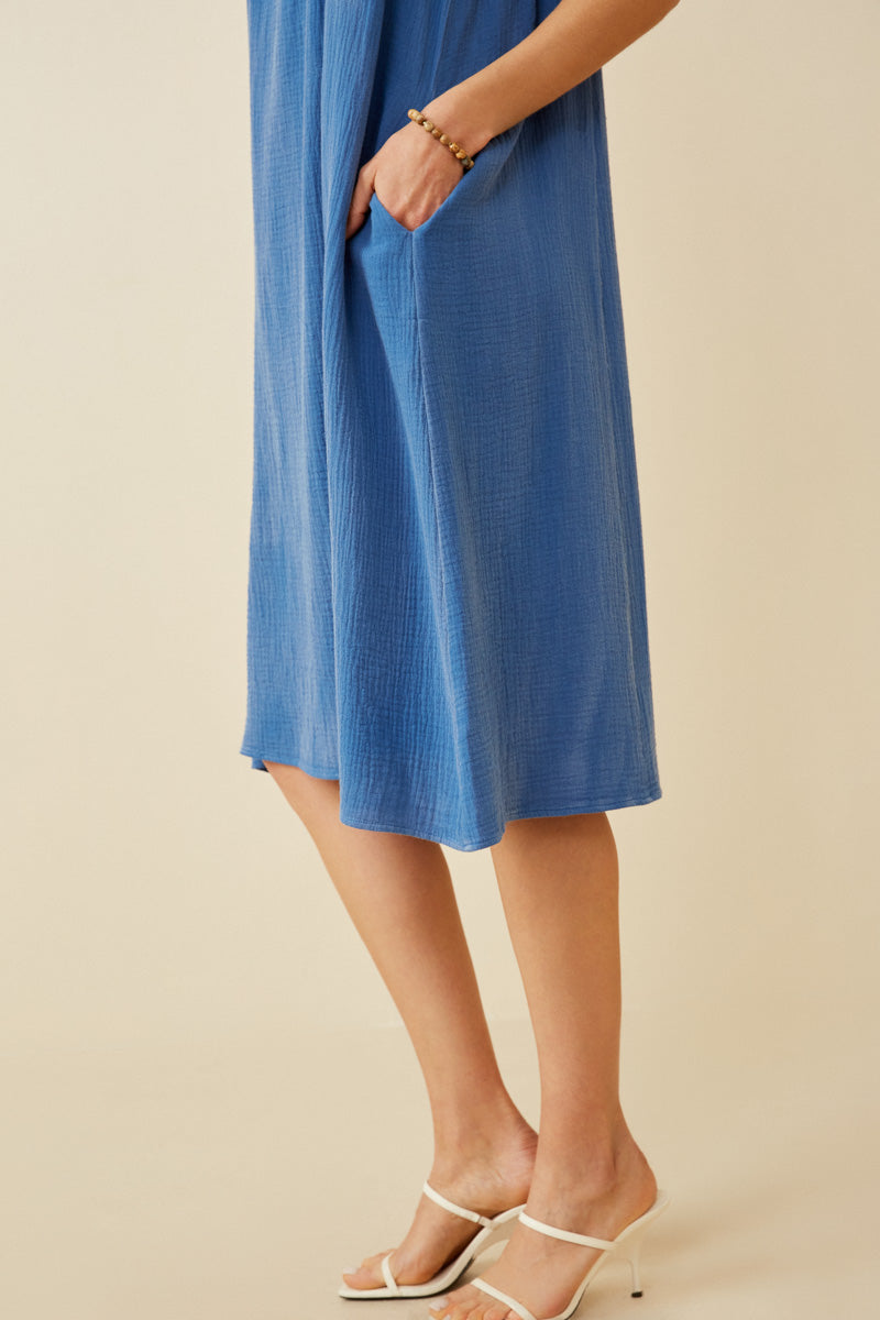 HY6788W Blue Plus Washed Textured Smock Detail Tank Dress Back