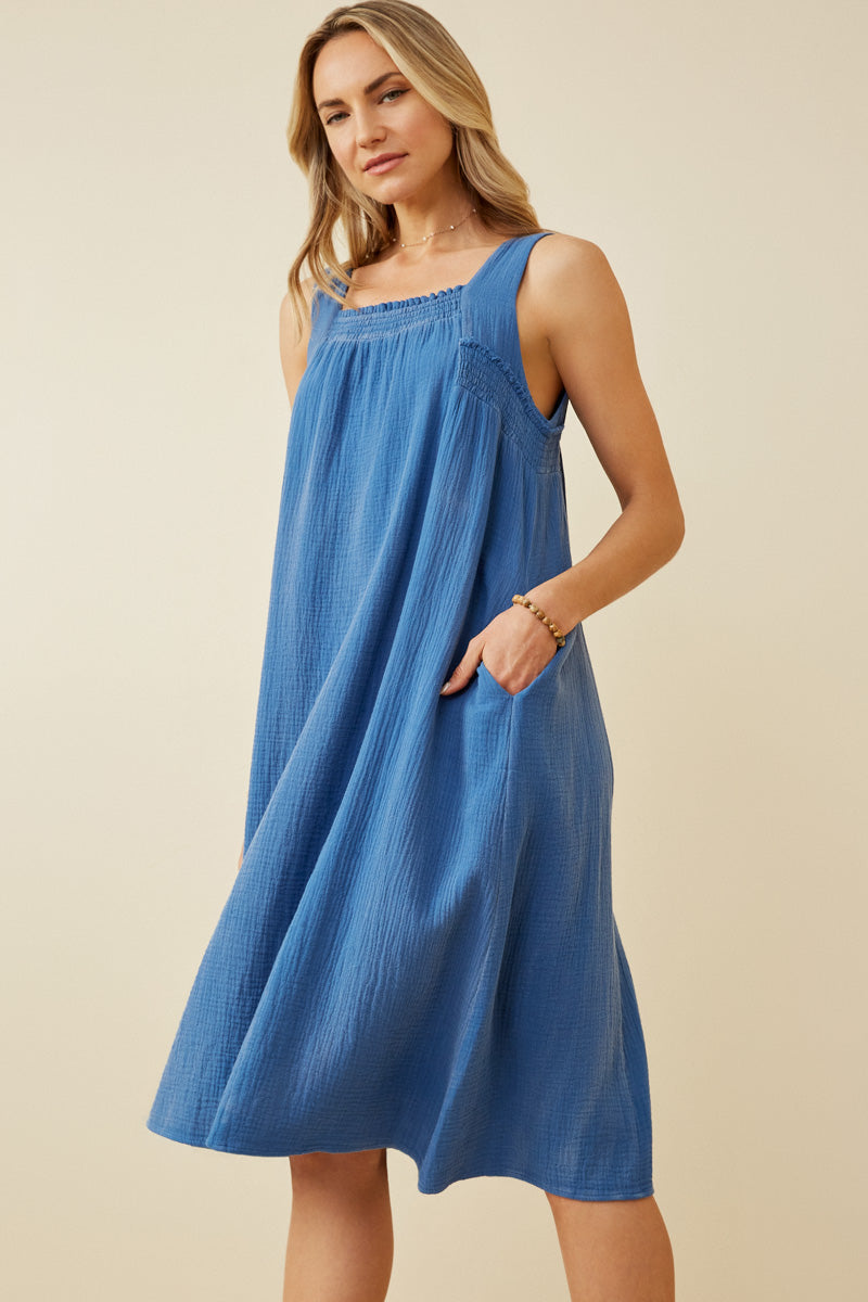 HY6788W Blue Plus Washed Textured Smock Detail Tank Dress Full Body