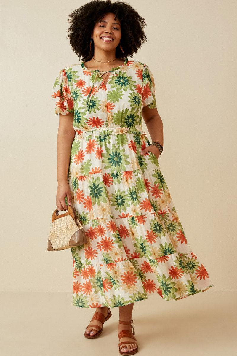 HY6829W Green Plus Floral Print Ruffle Neck Layered Sleeve Dress Front