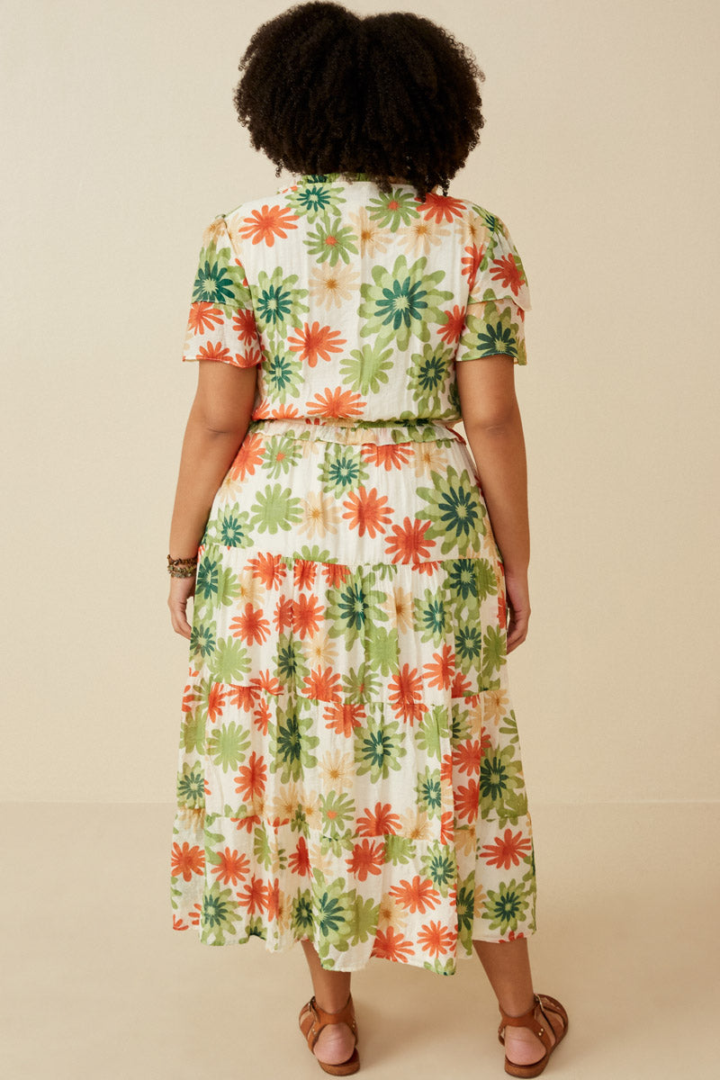 HY6829W Green Plus Floral Print Ruffle Neck Layered Sleeve Dress Pose