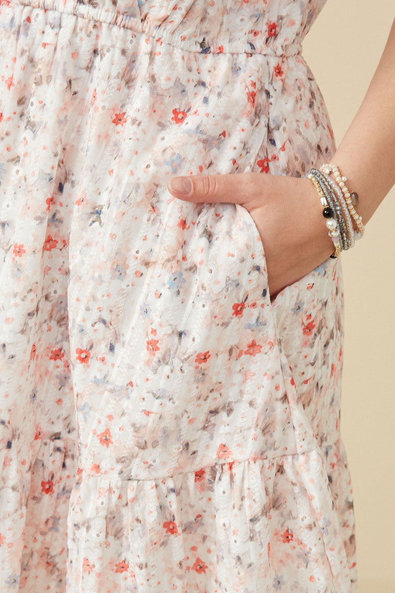 HY6858 PEACH Womens Floral Print Eyelet Ruffle Tank Dress Gif