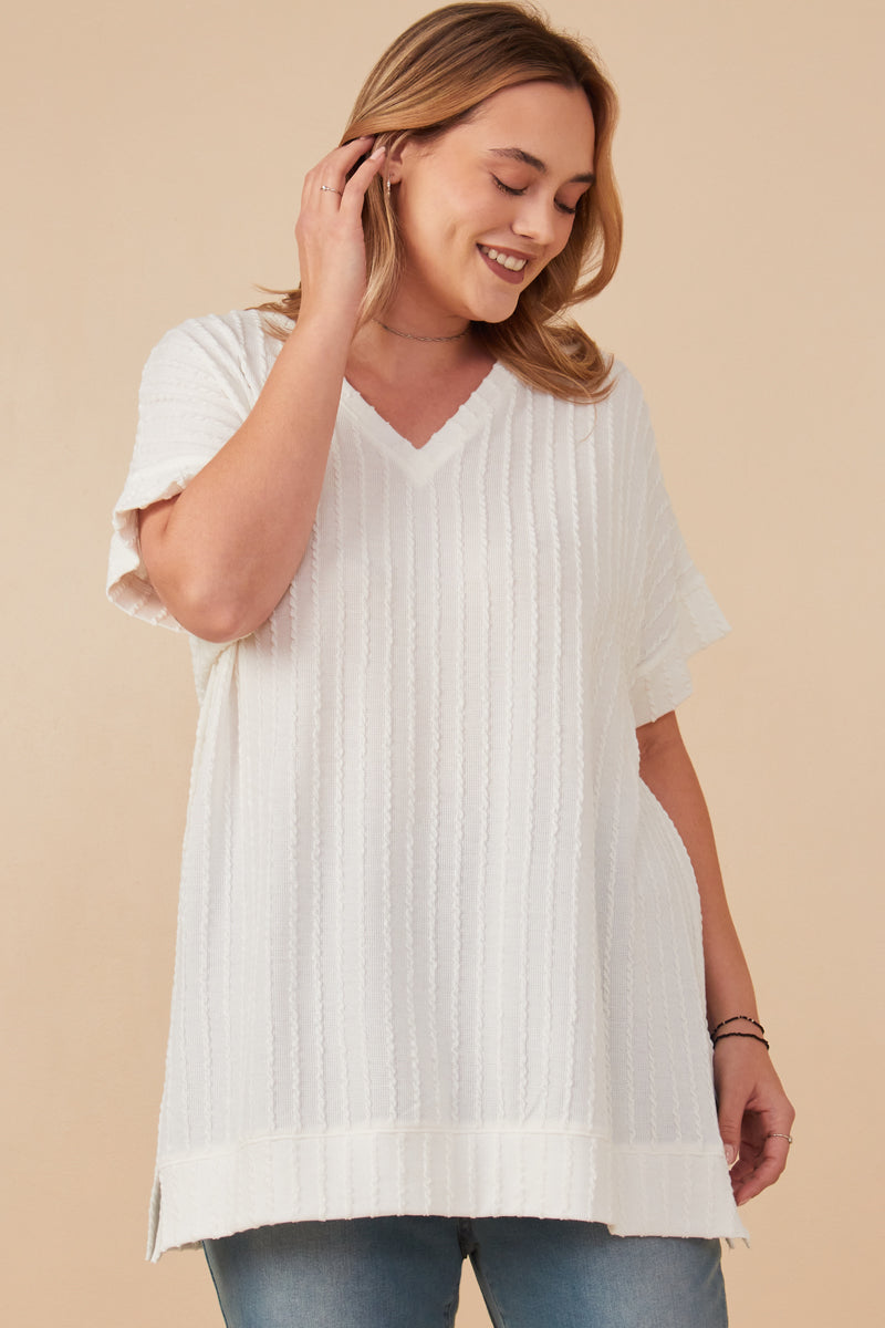 HY6862W Off White Plus Cable Detail Knit Banded Dolman Vneck Top Front