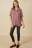 HY6868 Purple Women Waffle Knit Chest Pocket Short Sleeve Shirt Gif