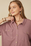 HY6868 Purple Women Waffle Knit Chest Pocket Short Sleeve Shirt Full Body