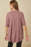 HY6868 Purple Women Waffle Knit Chest Pocket Short Sleeve Shirt Detail