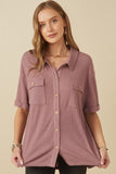 HY6868 Purple Women Waffle Knit Chest Pocket Short Sleeve Shirt Back