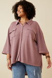 HY6868 Purple Women Waffle Knit Chest Pocket Short Sleeve Shirt Side