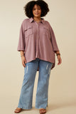 HY6868 Purple Women Waffle Knit Chest Pocket Short Sleeve Shirt Front