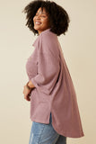 HY6868W Purple Women Waffle Knit Chest Pocket Short Sleeve Shirt Full Body