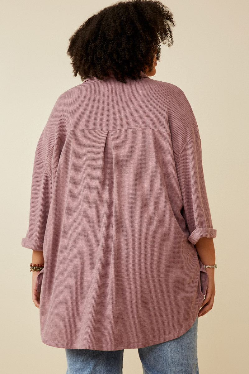 HY6868W Purple Women Waffle Knit Chest Pocket Short Sleeve Shirt Side