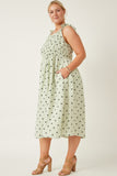 HY6884W Mint Womens Polka Dot Tie Strap Smocked Dress Detail