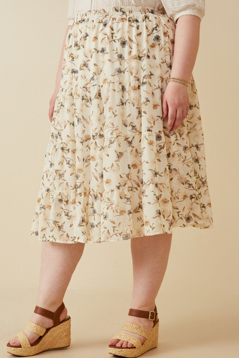 HY6908W Ivory Plus Floral Tiered Chiffon Skirt Front