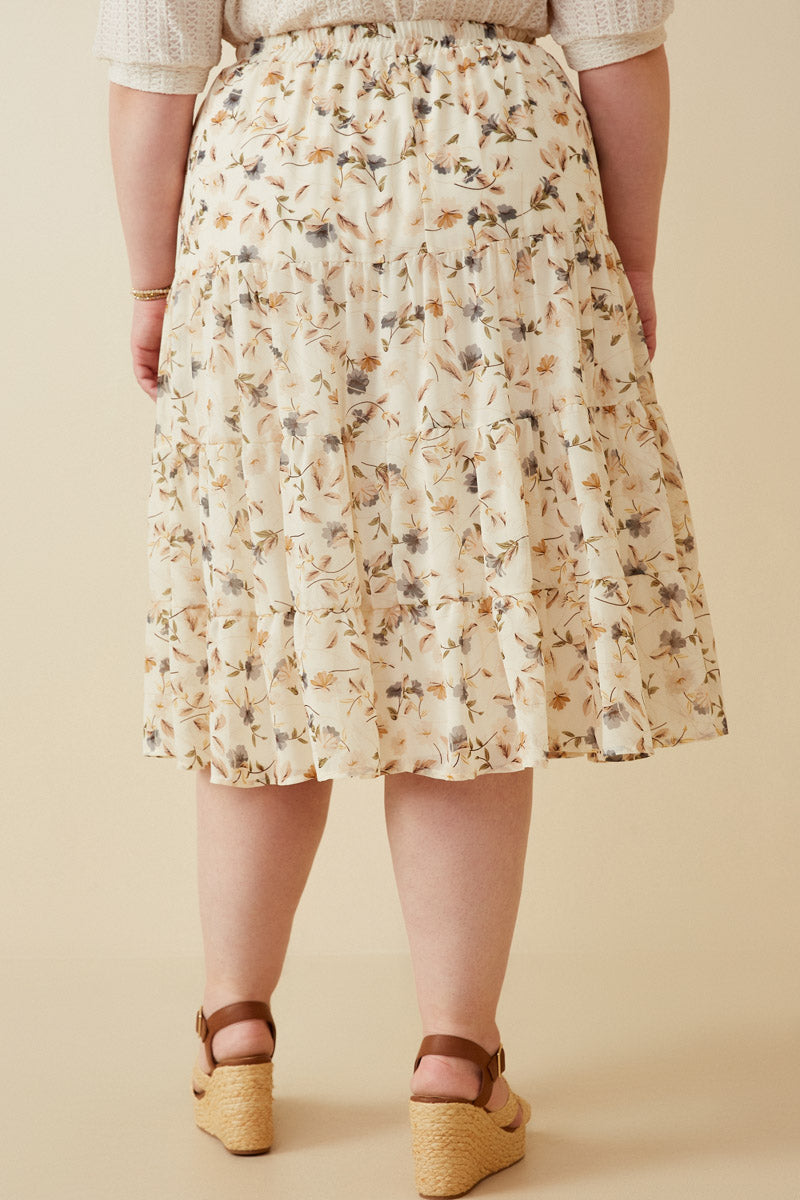 HY6908 IVORY Women Floral Tiered Chiffon Skirt Side