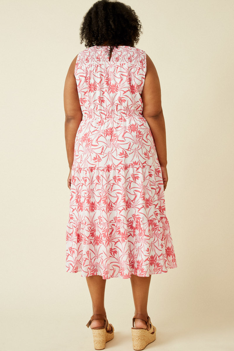 HY6923W Pink Plus Tropical Floral Smocked Yoke Dress Pose