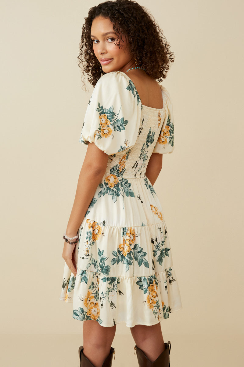 HY6934 Cream Plus Romantic Floral Smocked Sheen Dress Front