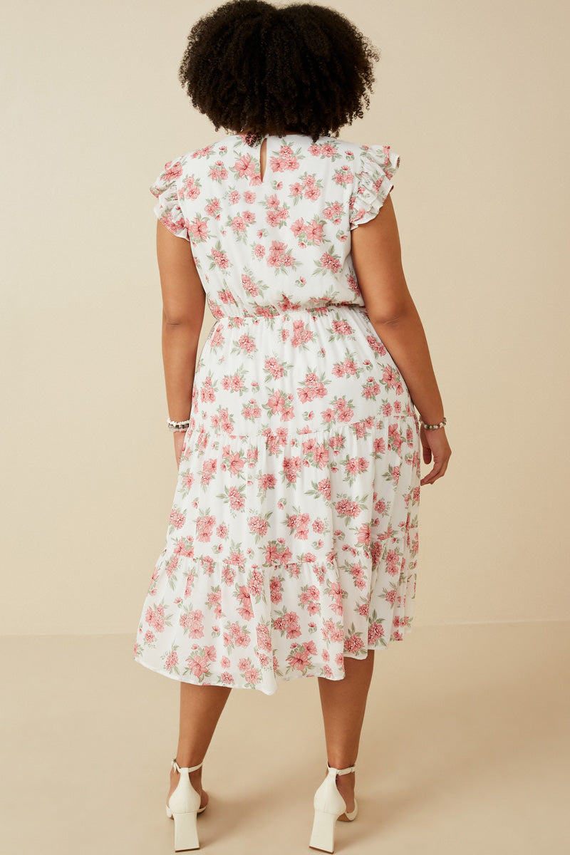 HY6938W OFF WHITE Plus Floral Chiffon Smocked Tank Dress Back