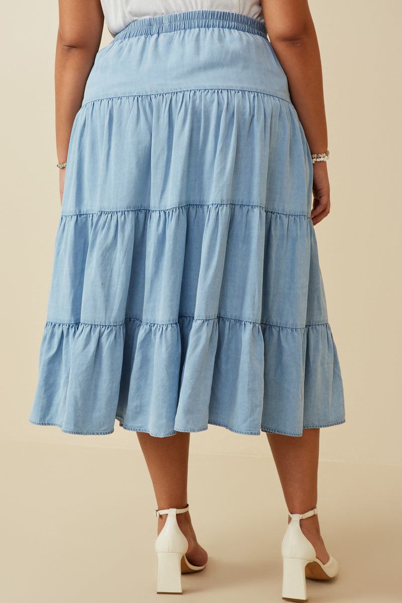 HY6950 LIGHT DENIM Womens Tiered Button Front Tencel Skirt Back