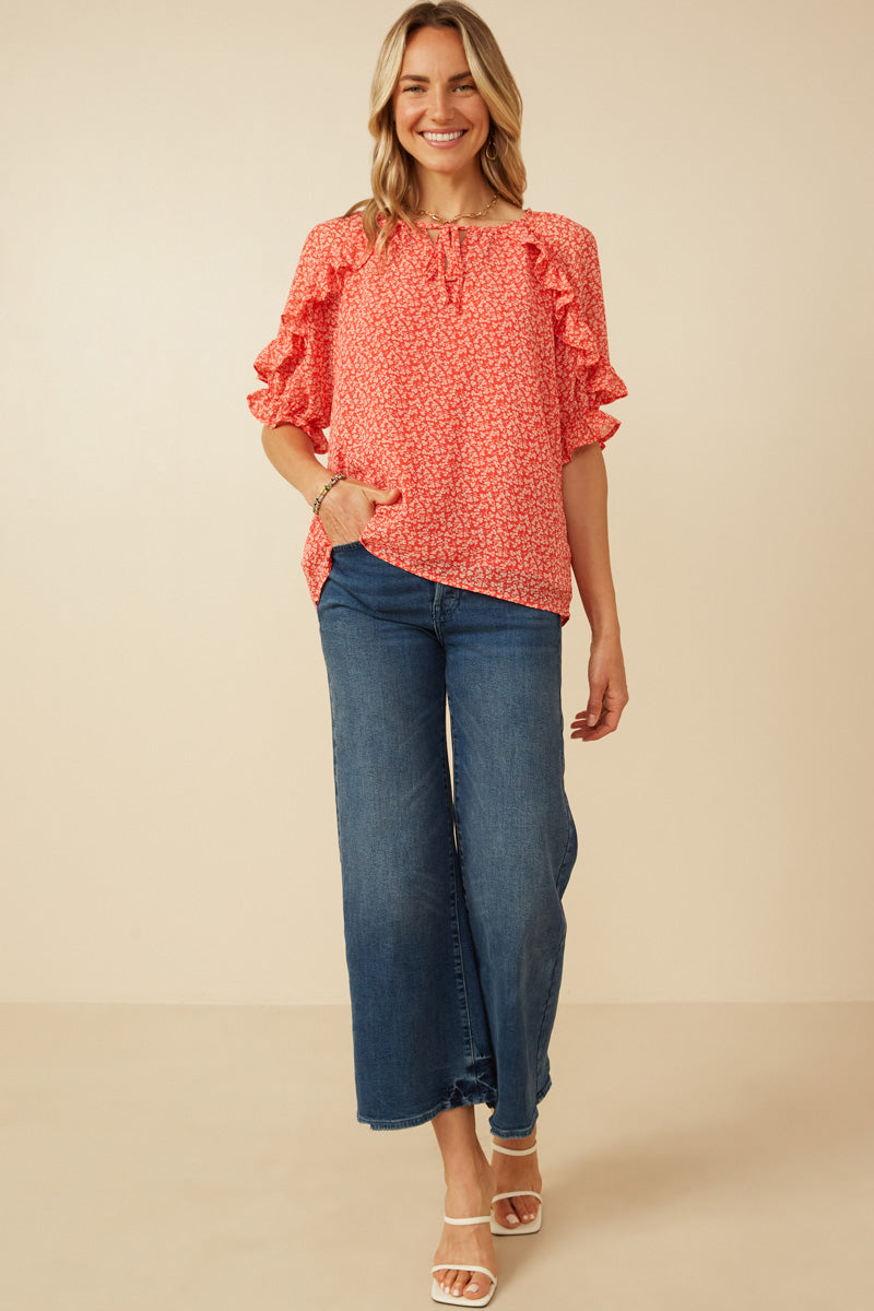 HY6965 Red Womens Ditsy Floral Ruffle Detail Tie Detail Top Gif