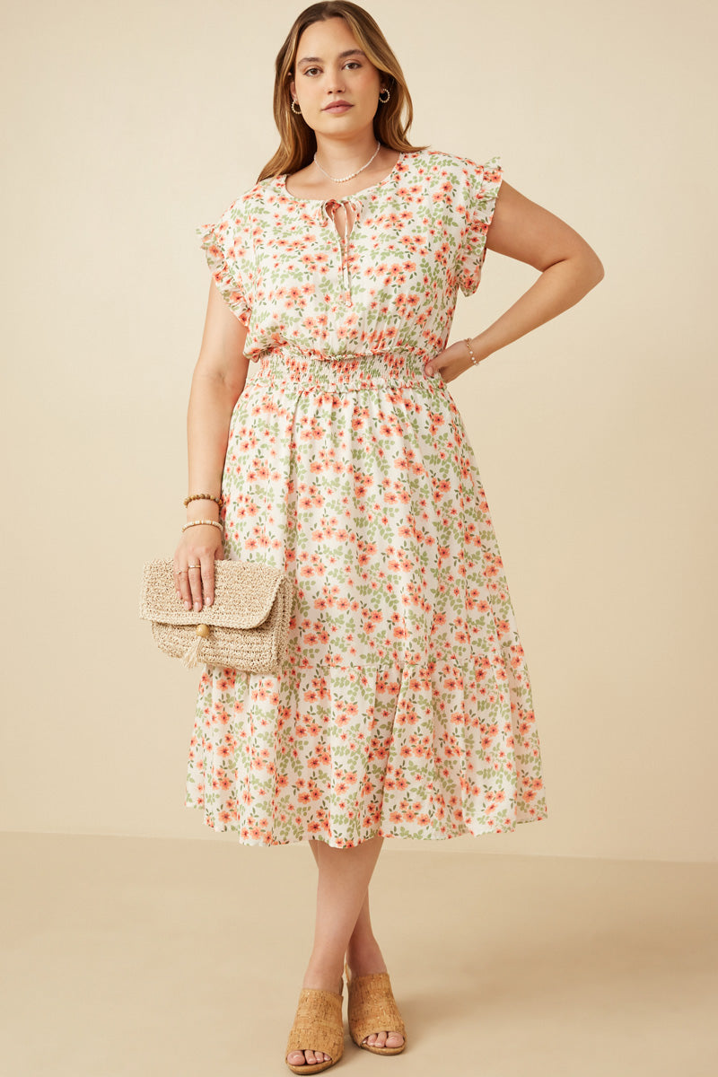 HY6978 Off White Womens Floral Ruffled Detail Smocked Waist Dress Full Body