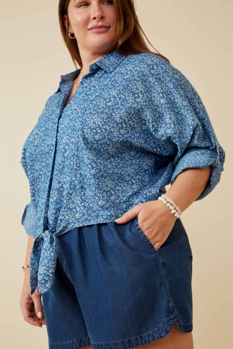 HY6986 DENIM Womens Floral Denim Tie Front Roll Up Shirt Full Body