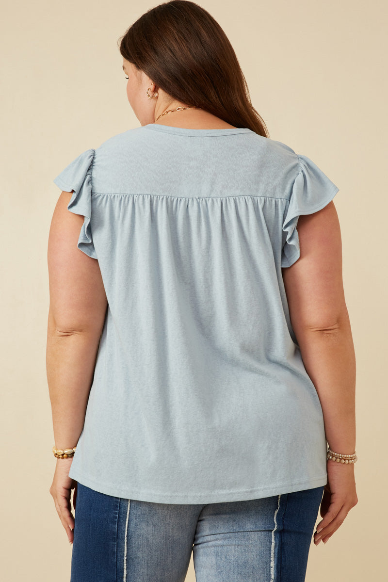 HY7080 BLUE Womens Smocked Yoke Ruffle Shoulder Knit Top Full Body