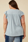 HY7080 BLUE Womens Smocked Yoke Ruffle Shoulder Knit Top Full Body