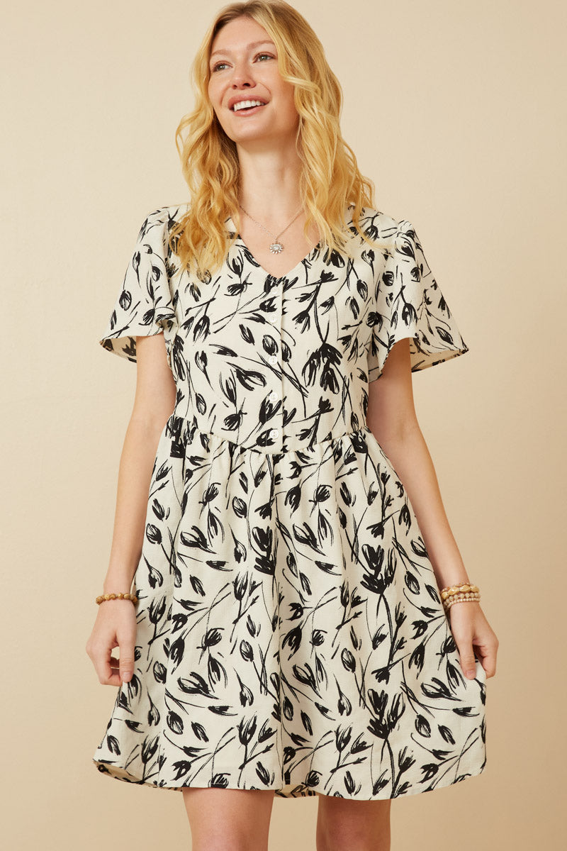HY7085 Cream Womens Monochromatic Floral Buttoned Dress Front