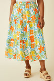 HY7097W Blue Mix Plus Vivid Floral Elastic Waist Tiered Skirt Front