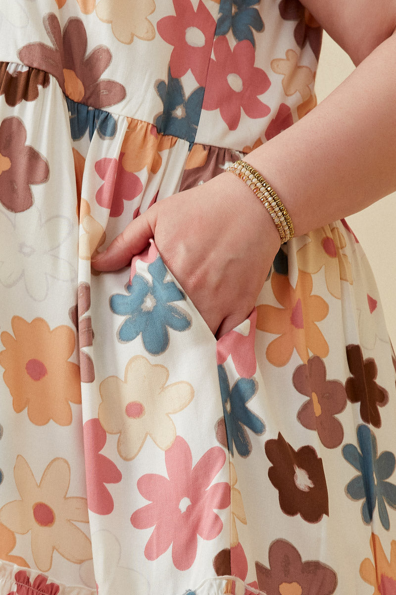 HY7106W Taupe Mix Plus Floral Ruffle Sleeveless Tank Dress Gif