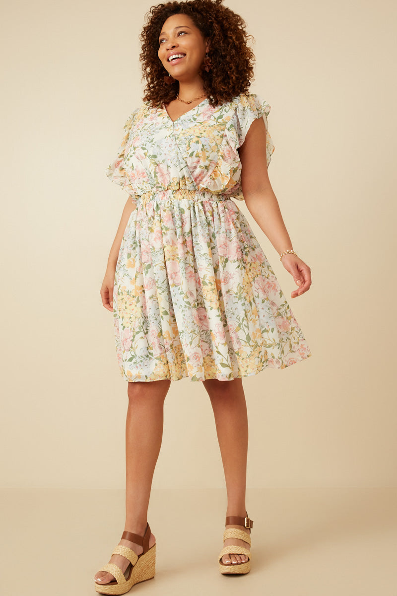HY7131 Off White Womens Soft Floral Ruffle Detail Suprlice Dress Back
