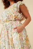 HY7131W Off White Plus Soft Floral Ruffle Detail Surplice Dress Front