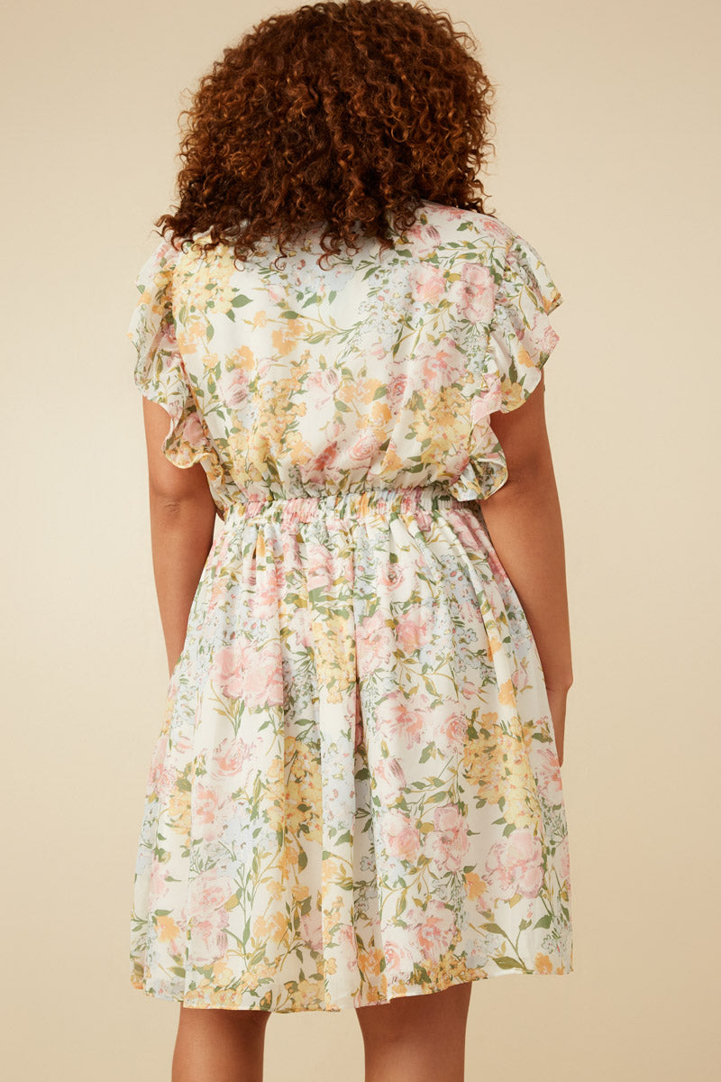 HY7131W Off White Plus Soft Floral Ruffle Detail Surplice Dress Gif
