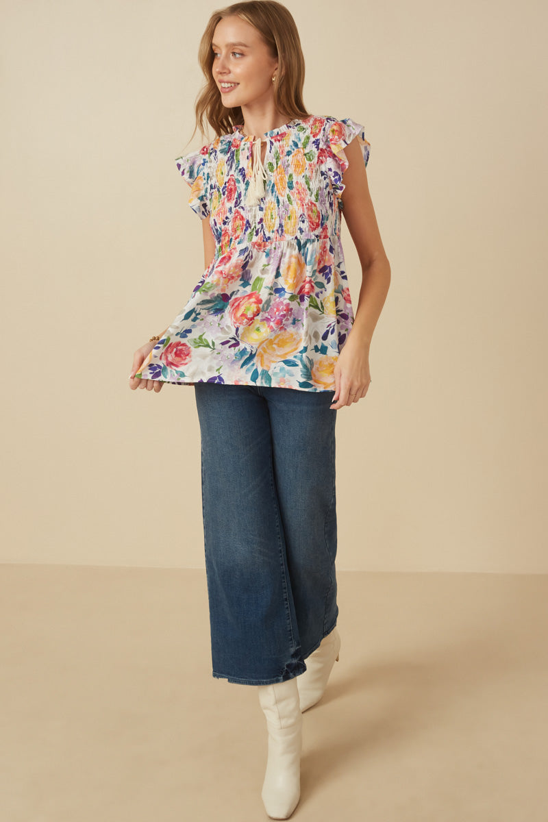 HY7138 Lavender Mix Womens Romantic Floral Smocked Tassel Top Gif
