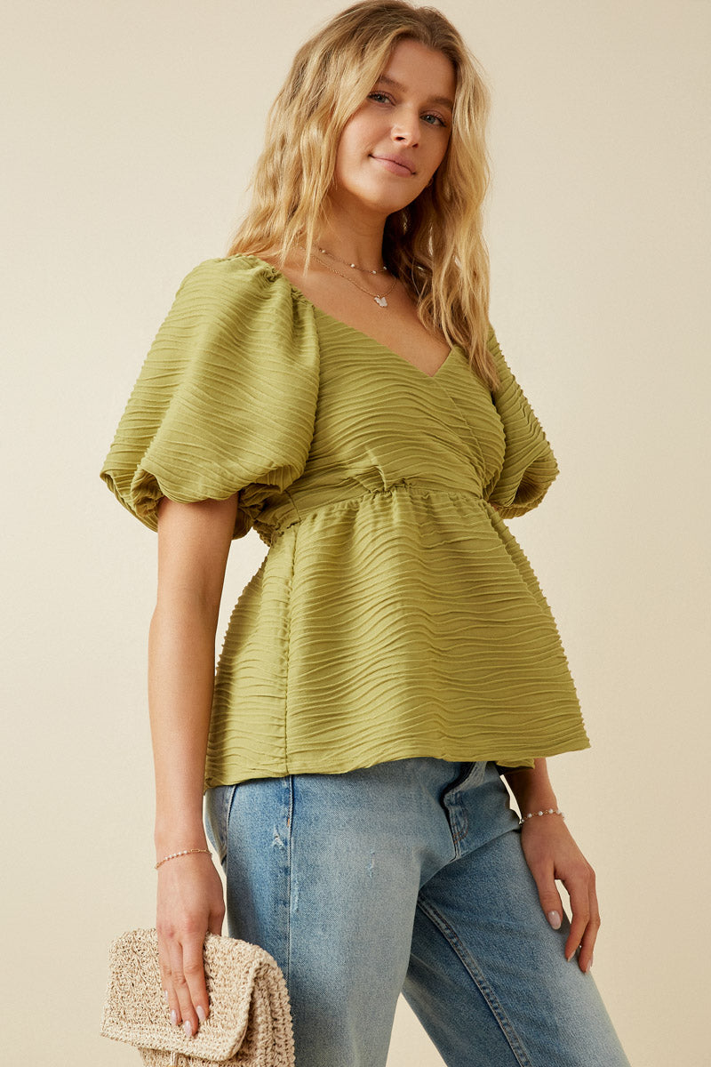 HY7173 Green Womens Textured Exaggerated Puff Sleeve Suprlice Top Side