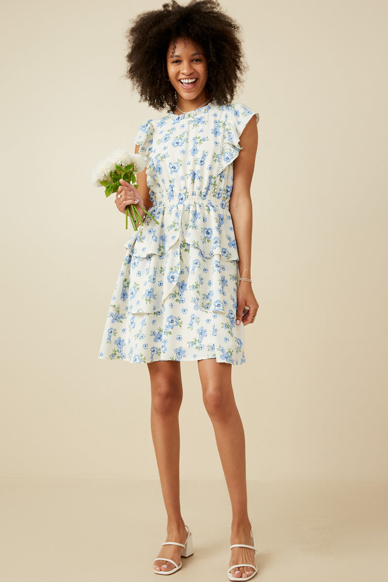 HY7198 Blue Womens Textured Romantic Floral Split Tiered Dress Back
