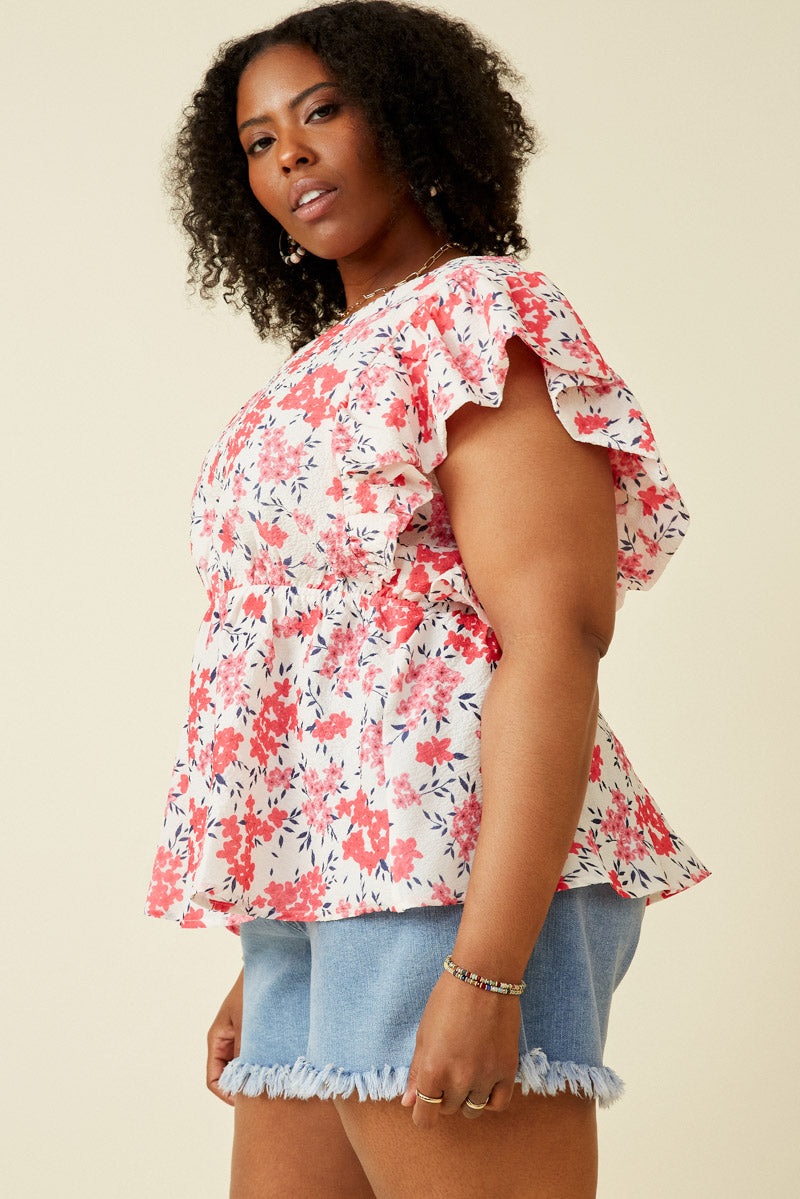HY7213 Pink Womens Floral Exaggerated Textured Ruffle V Neck Peplum Tank Full Body