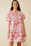 Floral Button Detail Textured Ruffle Sleeve Dress