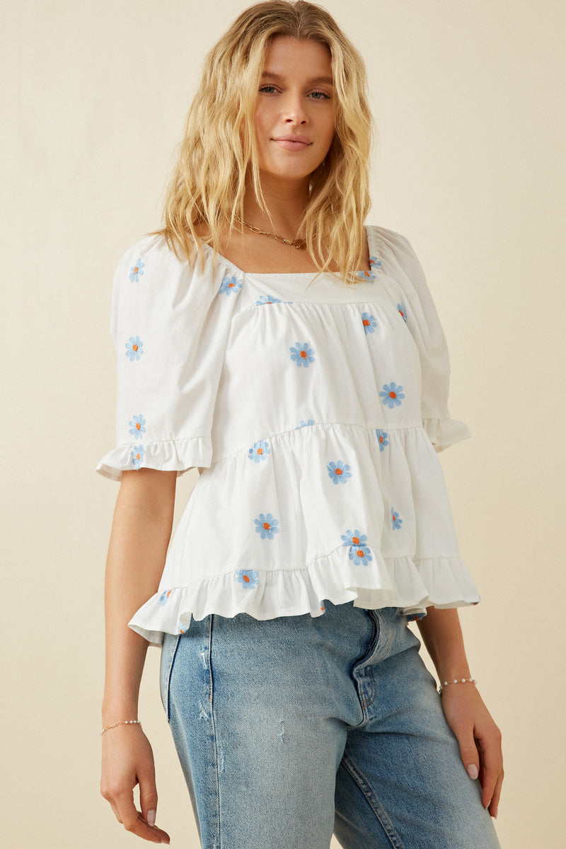 HY7224W Pink Plus All Over Daisy Embroidered Square Neck Top Gif
