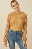 HY7244 Mustard Womens Pleated Ditsy Floral Smock Detail Top Front