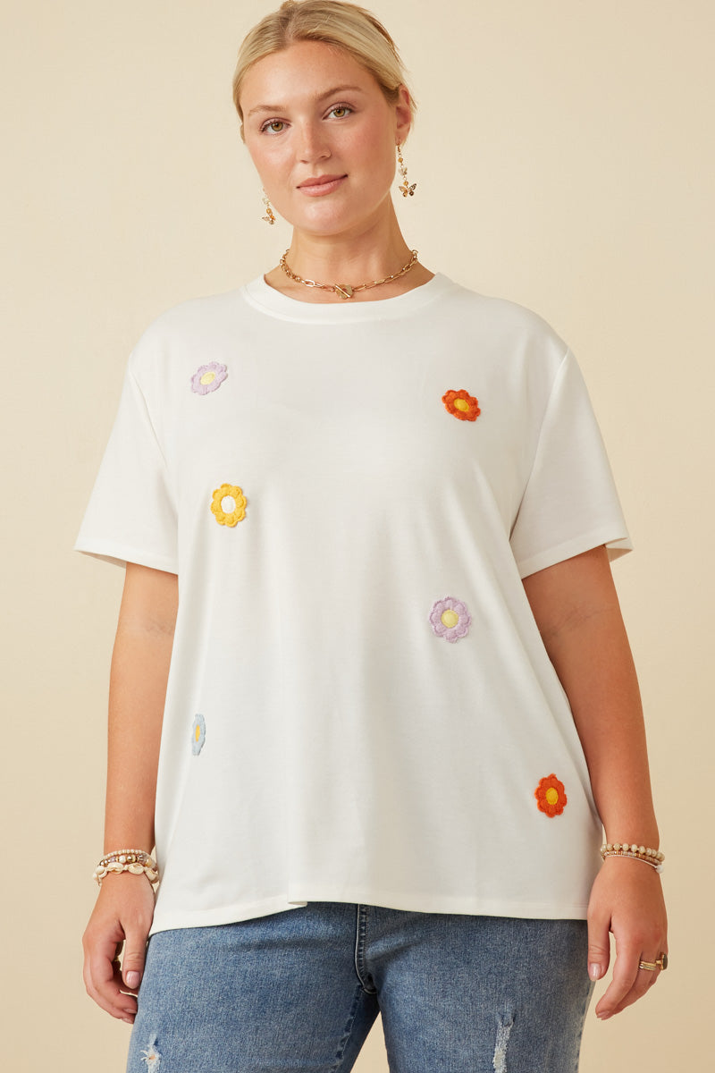 HY7311W Off White Womens Multi Floral Patched Knit Tee Side