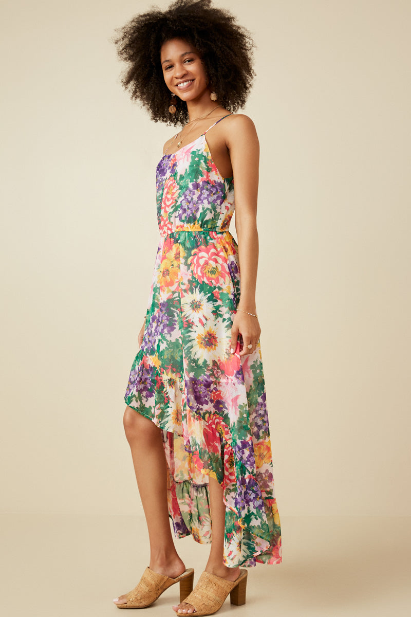 HY7321 Pink Mix Womens Vivid Floral Asymmetric Ruffle Hem Dress Front