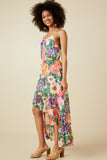HY7321 Pink Mix Womens Vivid Floral Asymmetric Ruffle Hem Dress Front
