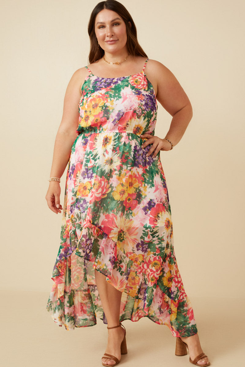 asymmetric frill hem dress Asymmetric Ruffle Hem Floral Midi Dress in Cream