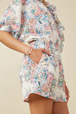 HY7335 Pink Womens Textured Paisley Floral Ruffled Surplice Romper Detail