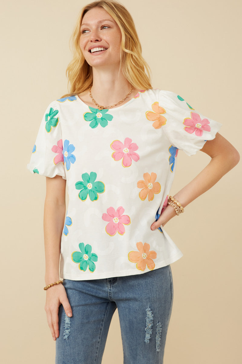 HY7364 Ivory Womens Puff Sleeve Daisy Floral Knit T Shirt Front