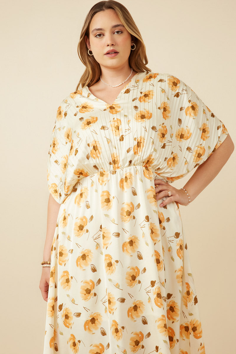 HY7371 Cream Womens Satin Floral Pleated Dolman Sleeve Dress Side