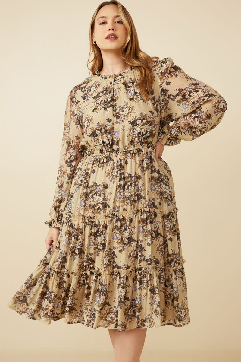 HY7397 Taupe Womens Romantic Floral Ruffle Detailed Tiered Dress Editorial