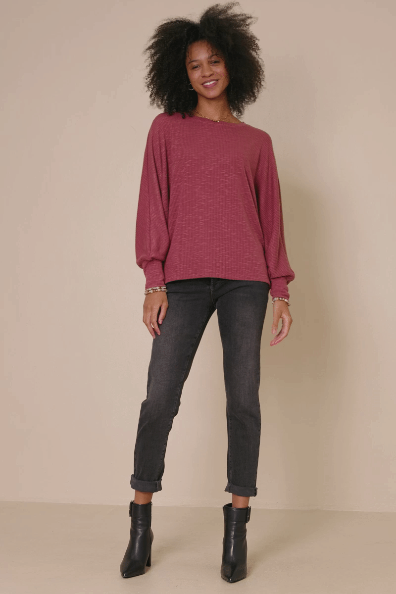 HY7400 Rust Womens Marled Rib Soft Knit Dolman Top Gif