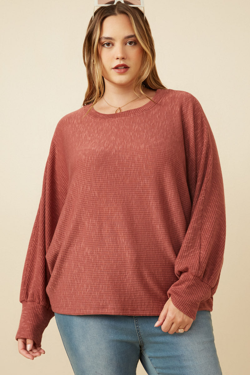 HY7400W Rust Plus Marled Rib Soft Knit Dolman Top Front